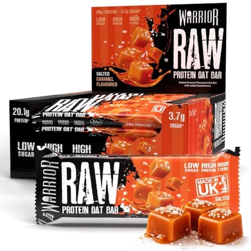 Image of Warrior RAW Protein Bars 12 x 75g – 20g High Protein Bar, Low Sugar High Fibre Oat Protein Flapjack – Protein Snacks, Meal Replacement Bars (Salted Caramel)