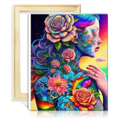 Image of TANGFEIY Canvas Oil Painting Rainbow Flower Goddess DIY Digital Oil Painting Adults with Brushes and Acrylic Pigment on Canvas for Home Wall Decor with Frame(30x40cm)