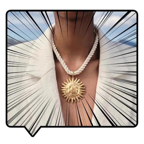 Image of Doubnine Vintage Rope Chain Necklace with Gold Sun Pendant, White Twisted Cord, Statement Fashion Jewelry