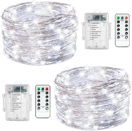 Image of FANSIR Fairy String Lights, 2 Set Total 66ft 200 Led Fairy Lights Battery Operated Silver Wire Light with Remote 8 Modes Waterproof Light for Home Bedroom Party Christmas Tree Decor (Cool White)