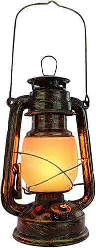 Image of Vintage Lantern Rechargeable LED Battery Camping Lantern Retro Storm Outdoor Cordless Table Lamp Realistic Flame Light Hanging Oil Lamp with Dimmable Switch for Pathway Patio Decoration, Bronze
