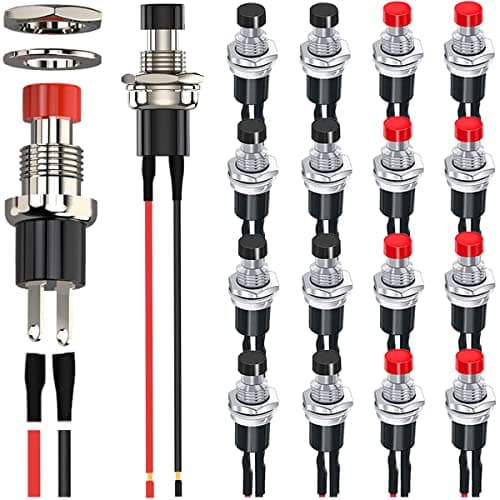 Image of MKBKLLJY 18Pcs 7mm Mini Round Pushbutton Switches 1A 250V AC 2 Pins SPST ON OFF Momentary Push Button Switch with Pre-soldered Wires for Car, Boat 2 Color(Red/Black)