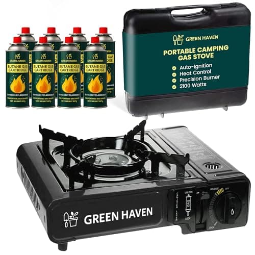 Image of GREEN HAVEN Black Portable Camping Stove with Cary Case & 8 Butane Gas - Premium Camping Gas Stove, EN417 Compliant, Portable with Automatic Ignition & Heat Control