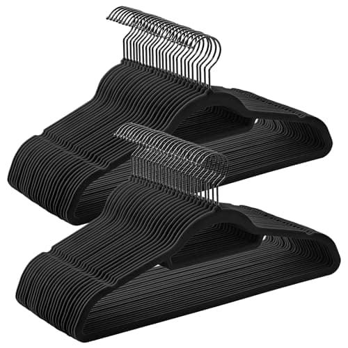 Image of SONGMICS Velvet Hangers, Set of 50 Coat Hangers for Clothes, Non-Slip, with Tie Bar and Black Hook, Space-Saving, 0.6 cm Thick, 43.5 cm Long, for Dresses Trousers, Ink Black CRF021B02