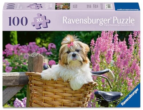 Image of Ravensburger 100 Piece Extra Large Jigsaw Puzzle with Board & Poster – Feel Well & Puzzle range, Sweet Little Dog in Bicycle Basket – Kids & Adults, Dog Lovers Gift