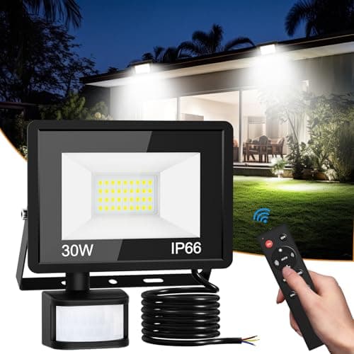 Image of vighep Security Lights Outdoor Motion Sensor, 30W Led Pir Floodlight with Remote Control, 6500K Cold White IP66 Waterproof Outside Wall Light Mains Powered for Garage Backyard Garden Doorway