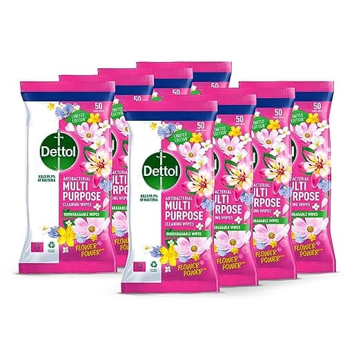Image of Dettol Flower Power Antibacterial Multipurpose Biodegradable Cleaning Wipes | Peony & Rose Fragrance | Limited Edition | 50s (Pack of 8)