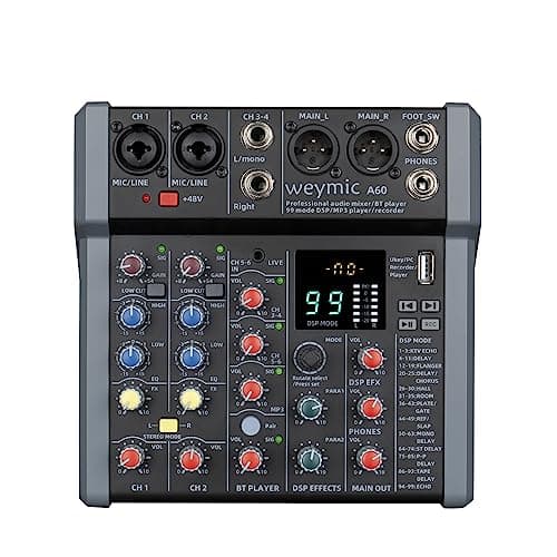 Image of Weymic A60 Professional Mixer for Recording DJ Stage Karaoke Music Application w/ 99 DSP Effect USB Drive for Computer Recording Input, XLR Microphone Jack, 48V Power for Professional (6-Channel)