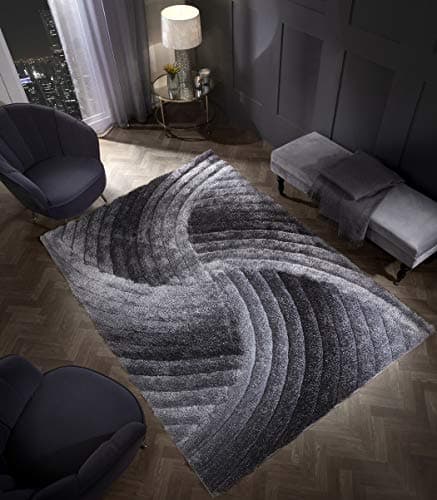 Image of 3D SWIRL HEAVYWEIGHT CARVED Shaggy Rug GREY SILVER Ombre Super Plush Extra Large Rugs Living Room with SHIMMERING SPARKLE STRANDS Thick Pile Height Modern Area Rugs (120cm x 170cm (4ft x 6ft))