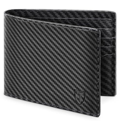 Image of TEEHON Mens RFID Blocking Carbon Fibre Leather Wallet - Bi-Fold Card Wallet with 10 Card Slots, 2 ID Windows, 2 Cash Compartments - Black