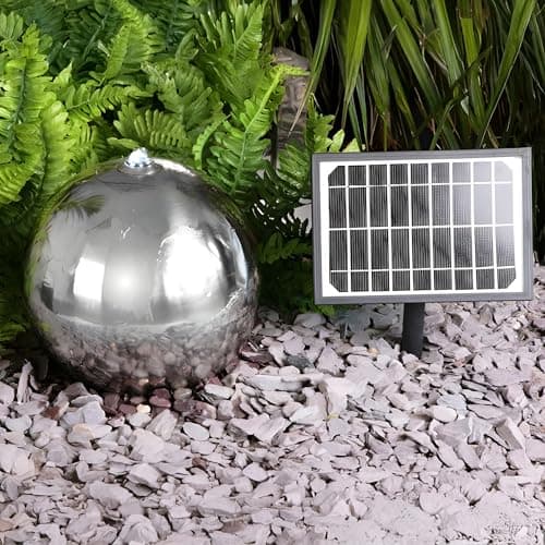 Image of Primrose 45cm Solar Powered Stainless Steel Sphere Patio Garden Water Feature Fountain with LED Lights & Reservoir