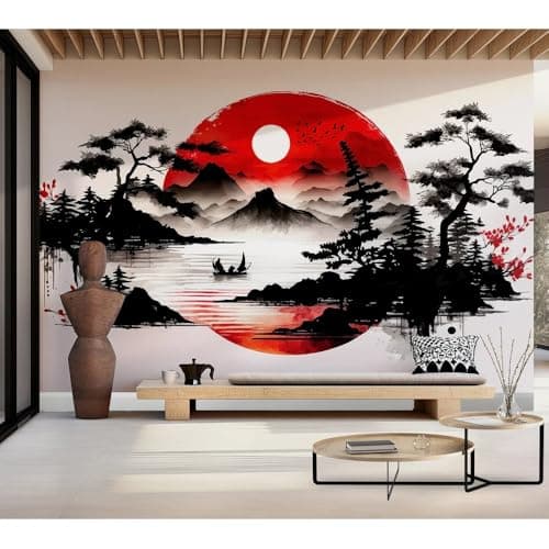 Image of FENDROM Japanese Red and Black Forest Tapestry, Anime Mountain Tree Sun Aesthetic Tapestry Wall Hanging, Cool Asian Dark Nature Landscape Tapestries Ink Art Decor for Living Room College Dorm