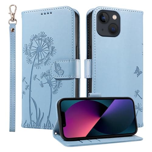 Image of Trugox Wallet Case for Apple iPhone 14 Phone Case Leather Dandelion with Credit Card Holder Purse Kickstand Folio Book Folding Flip Case Cover Women Shockproof - Azure