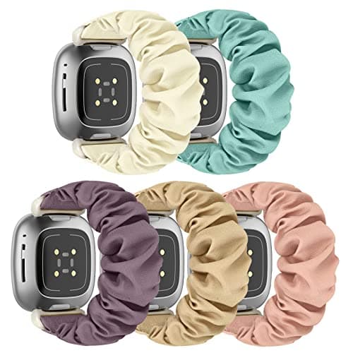 Image of DKGKOO Scrunchie Watch Strap for Women Compatible with Versa 4 / Versa 3 /Sense/Sense 2 Elastic Scrunchy Replacement Band Soft Stretchy Band (5 Pack G,L-Size)