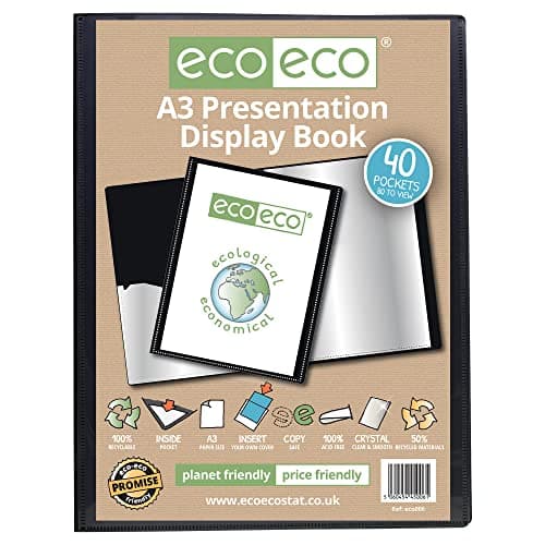 Image of eco-eco A3 Size 50% Recycled 40 Pocket Black Presentation Display Book, Storage Case Portfolio Art Folder with Plastic Sleeves