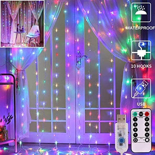 Image of Unihoh LED Curtain Lights, Window Curtain Fairy Twinkle Lights 3mx3m 300leds USB Operated 8 Modes Icicle LED String Lights with Remote & Timer for Indoor Xmas Party Home Decoration(Multicolor)