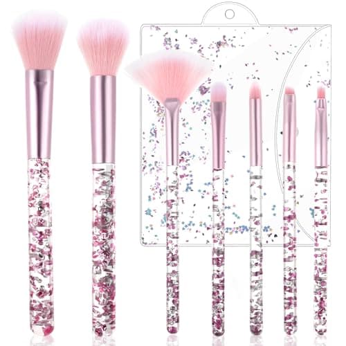 Image of WLLHYF Fan Makeup Brush Set, 7-Piece Crystal Sparkles Powder Foundation, Concealer, Highlight Brush (Pink)