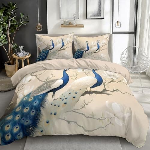 Image of Oriental Painting Peacock And Flowers Duvet Cover Set, Reversible Light Beige Printed Bedding for Teens Adults - Soft Microfiber Quilt Cover with Zipper, Super King Size (260 x 220 cm), 3 Pieces