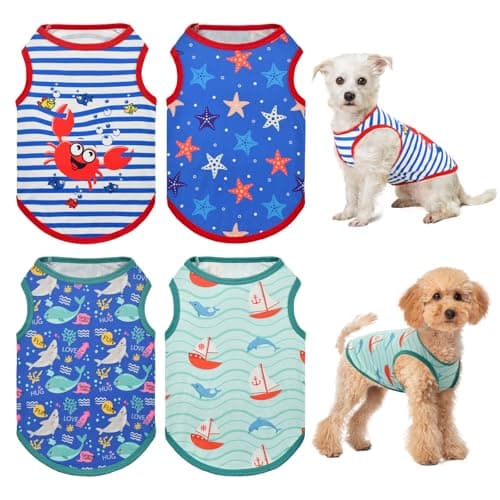 Image of Vehomy 4-Pack Dog Summer Shirt Soft Cotton Cat Sleeveless Shirts Pet Stripe Tshirt Tank Tops Vests with Sea Fish Patterns Kitten Puppy Summer Clothes for Small Medium Dogs S