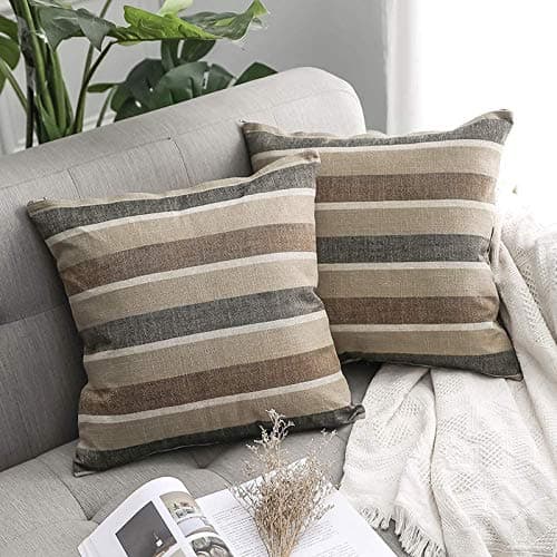 Image of MIULEE Faux Linen Stripe Square Throw Pillow Case Cushion Cover Home for Sofa Couch/Bedroom Livingroom Decorative Pillowcase 20"x20",2 Pieces Coffee
