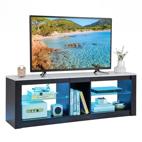 Image of CASART LED TV Cabinet for 65 inch TVs, 140cm Entertainment Center TV Unit with Adjustable Glass Shelves & 20 RGB Light Colors, Modern Media TV Console Table for Living Room Bedroom (Black + Grey)