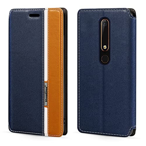 Image of Colorblock Invisible Magnetic PU Leather Flip Case Compatible with Nokia 6.1, Stylish Wallet Cover with Full Protection and Slim Design (Blue)