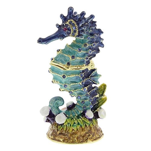 Image of avasee Seahorse Trinket Box/Ornament - Gold Rectangular Metal Drinking Box with Crystal Decoration and Animal Print Pattern - 7.3 cm (D) x 3.7 cm (W) x 3 cm (D) - New Gift by Treasured TRINKETS
