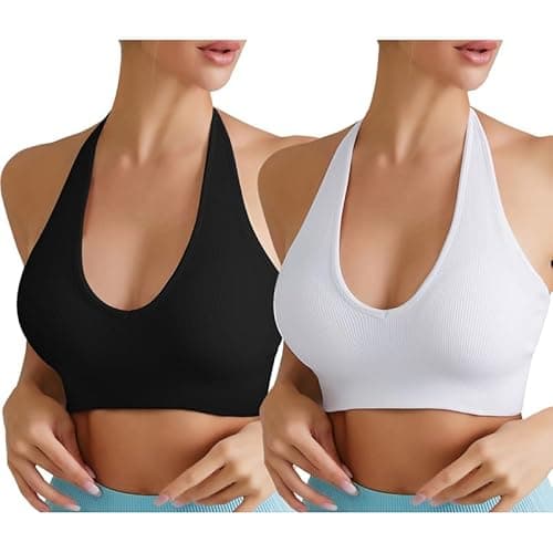 Image of Litthing Sports Bras Women Sexy Halter Neck Backless Bralette Elegant Yoga Comfort Padded Solid Color Seamless Tops Vest Mid Impact Support Fitness Running Gym Crop Tank