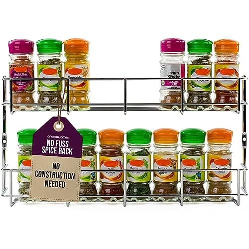 Image of andrew james 1/2/3/4/5 Spice Rack Organiser – No Assembly Needed | Chrome Hanging Spice Shelf for Inside Cupboard Door or Wall Mounted | Kitchen Organiser & Storage Rack with Fixings - Holds 16 Jars