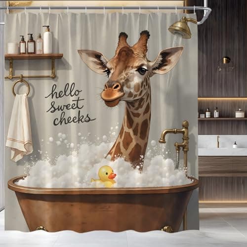 Image of Funny Giraffe Shower Curtain Tropical African Wildlife Safari Bubble Soapy Water in The Bathtub Creative Animal Fabric Bathroom Decor Set,70x70 inch