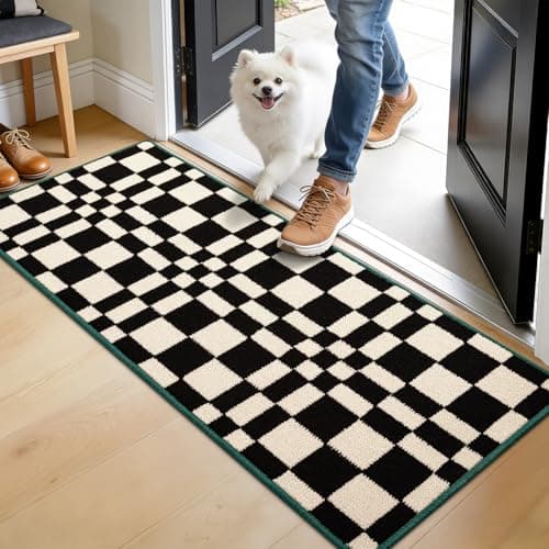 Image of Biscpro Checkered Grid Checkerboard Dirt Trapper Indoor Doormat,80x120cm Welcome Door mat,Non Slip Door Mats Indoor,Washable and Absorbent Low-Profile Entryway Rug for Hallways,Kitchen,Laundry(Black)