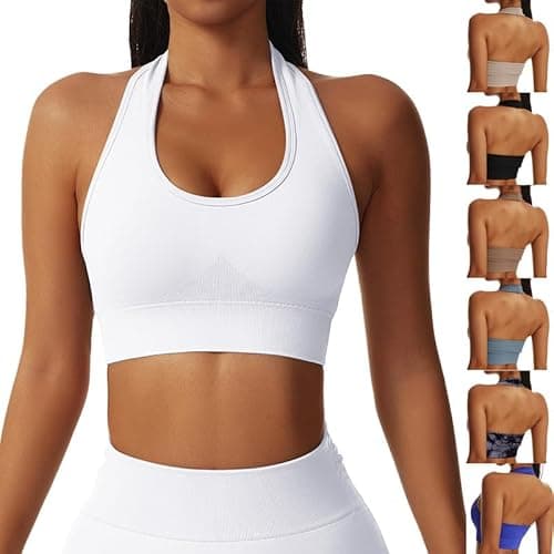 Image of BFACCIA Sports Bra for Women Seamless Padded Activewear Bras Halter Neck Bralette Mid Impact Support Sleep Bra Without Underwire Camisole Bras for Fitness Gym Yoga Running White