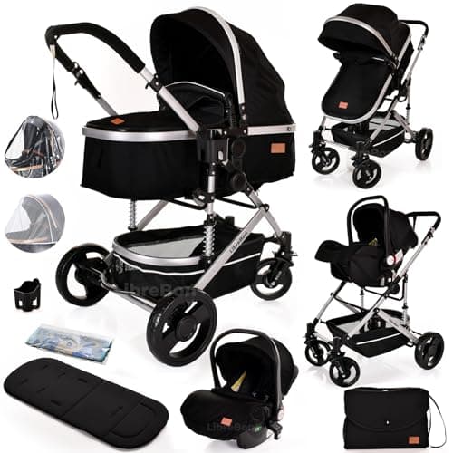 Image of Baby Buggy Pram Pushchair 3 in 1 with Car Seat Child Lightweight Folding Stroller One Size Fits All 3 in 1 Travel System Pram for Newborns & Toddlers 0-36 Months from Birth (Black - Silver Frame)