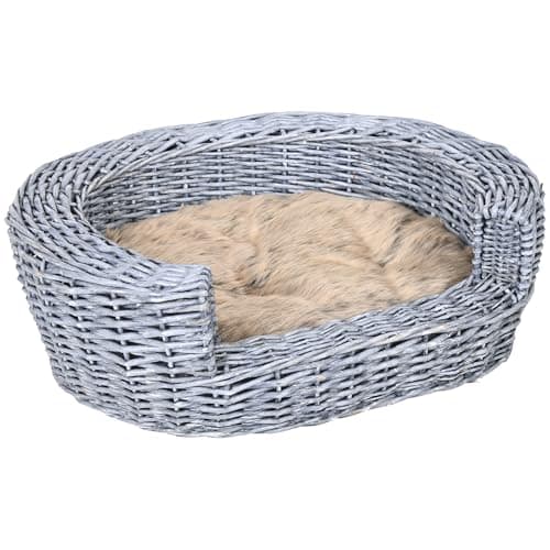 Image of pawhut Wicker Pet Bed Willow Dog Cat Sofa Couch Puppy Basket with Cushion Grey 57L x 46W x 17.5H cm
