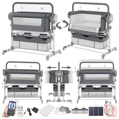 Image of Doraystar Electric Bluetooth Smart Next to Me Crib, Foldable Convertible Baby Bedside Crib, Co-Sleeping Bassinet, Infant Bedside Sleeper Cradle with Music, Remote and 5 Swaying Gears (608 Grey)