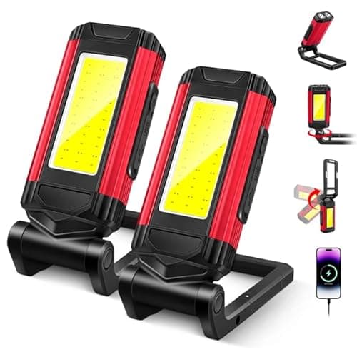 Image of LED Rechargeable Work Light, Portable Magnetic Torch, 7 Lighting Modes, 1000 Lumen Inspection Lamp with 360° Rotating Stand and 240° Folding Hook for Maintenance Work, Night Walking, Camping, 2 Pack