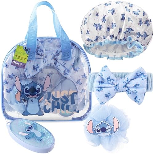 Image of Get Trend Disney Stitch Toiletry Bag & Shower Accessories Set Women Girls, Hair Brush Shower Cap Loofah for Teens, Holiday Travel Gym, Gifts for Her (Blue Stitch)