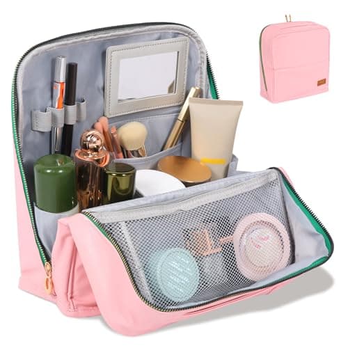 Image of Travel Makeup Bag, Standing Make Up Bags with Detachable Mirror and Handle, PU Leather Cosmetic Bags with Foldable Phone Holder and Wipeable TPU Brush Holder, Waterproof Toiletry Bag for Daily Use