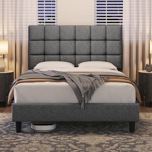 Image of Yaheetech Double Upholstered Bed Frame with Adjustable Square Tufted Headboard/Linen Fabric/Sturdy Wooden Slat Support/No Box Spring Needed, 4ft6 Light Grey