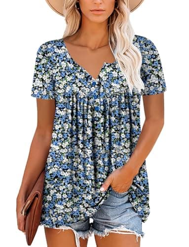 Image of Magritta Womens Blouse Plus Size Shirts Short Sleeve V Neck Summer Tunic Tops Ladies Floral Printed Ruffle T Shirt Swing Tops Royal White XX-Large