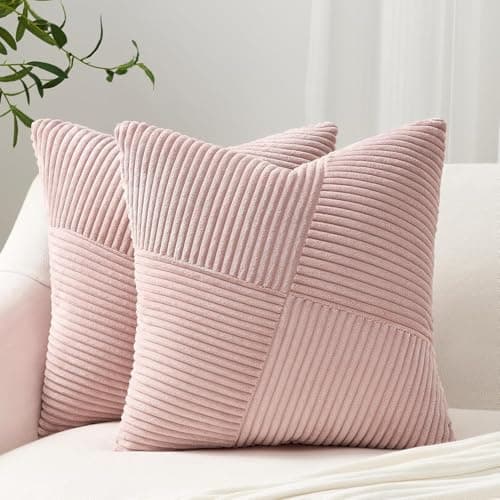 Image of Topfinel Pink Cushion Covers 40x40 cm 16x16 Inch Set of 2 Corduroy Patchwork Pinwheel Throw Pillow Cases with Invisible Zipper Decorative Sofa Cushion Covers for Living Room Bedroom Sofa Bed