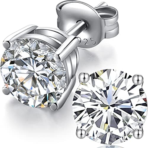 Image of White Gold Stud Earrings Diamond Earrings Women Men Silver Earings 925 Sterling Silver Stud White Gold Cubic Zirconia 8MM