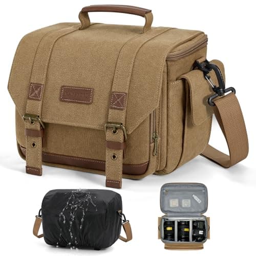 Image of RAINSMORE Vintage Camera Sling Bag, Waterproof Canvas DSLR Mirrorless Crossbody Bag with 10mm Shockproof Padding, Rain Cover & Tripod Holder, Photography Shoulder Messenger Bag for Men Women Khaki