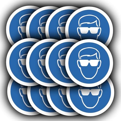 Image of 12 Pack - Eye Protection Must Be Worn Sticker Signs - 85mm Waterproof Vinyl - Eye protection Safety Glasses Decals