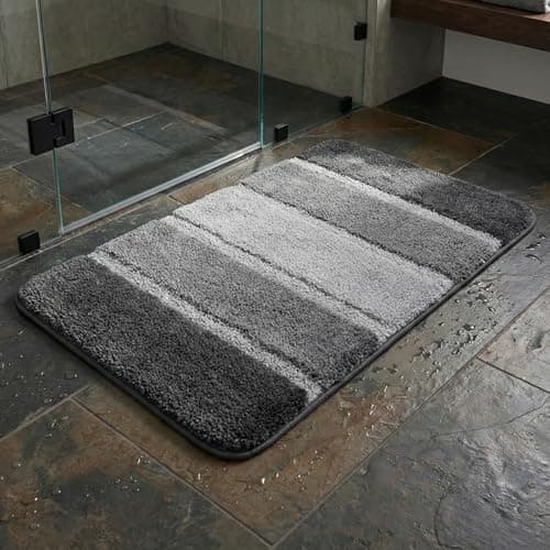 Image of Nest & Nibble Bathroom Bath Mat (Black/Grey, 50 x 80 cm) Non-Slip Toilet Floor Mat | Ultra-Absorbent Microfiber Technology Washable Shower Rug | Soft & Thick Anti-Mould Home Essential Bathtub Carpet