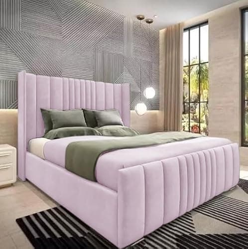 Image of 6FT Super King Ottoman Storage Divan Base Wingback Bedframe With Headboard Upholstered In Plush Velvet Pink Bed End Lift - No Mattress (Pink Plush, 6FT Super King With End Lift Storage - No Mattress)