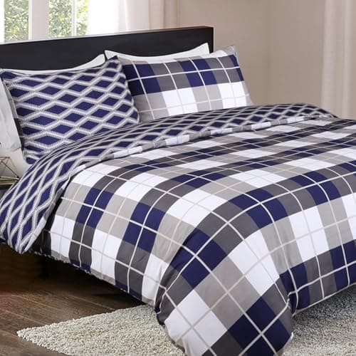 Image of Imperial Rooms King Size Duvet Cover Sets Soft Printed Bedding Set Brushed Microfiber Duvet Covers with Pillowcases (Navy Check 230x220 CM)