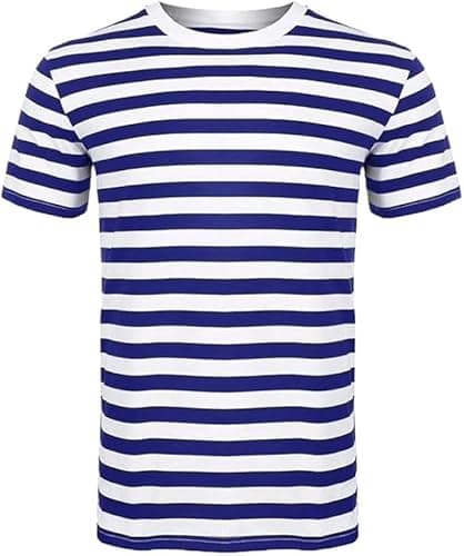 Image of Men's Striped T-Shirt Stylish Sports Tee Comfortable & Breathable Unisex Casual Crew Neck Shirt for Summer All Day Wear & Outdoor Activities (UK, Alpha, S, Blue & White Pack of 1)