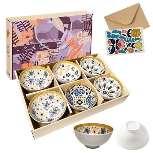 Image of Ceramic Serving Bowls Set of 6, 10oz/300ml Rice Bowl with Gift Box and Greeting Card, Cereal Bowls for Desserts Snacks Small Ceramic Nibble Bowls Dishwasher & Microwave Safe (6, Japanese Style-Yellow)