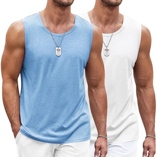 Image of COOFANDY Mens Vest Running Muscle Tank Top Workout Breathable Sleeveless Shirts Training Bodybuilding Vests White/Light Blue M
